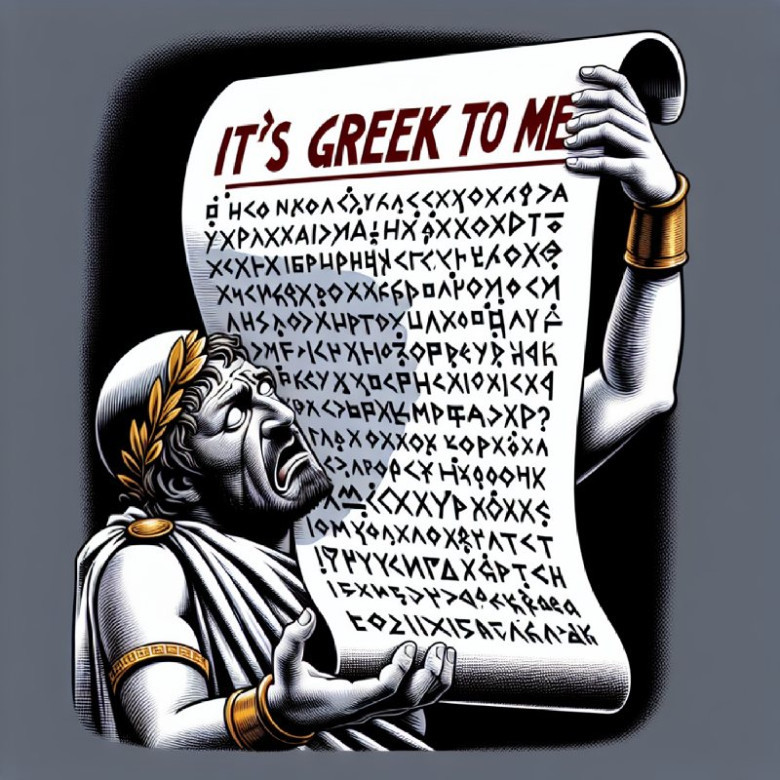 "It's Greek to me" - Meaning "I can't understand it at all". This phrase is from "Julius Caesar" (Act 1, Scene 2).